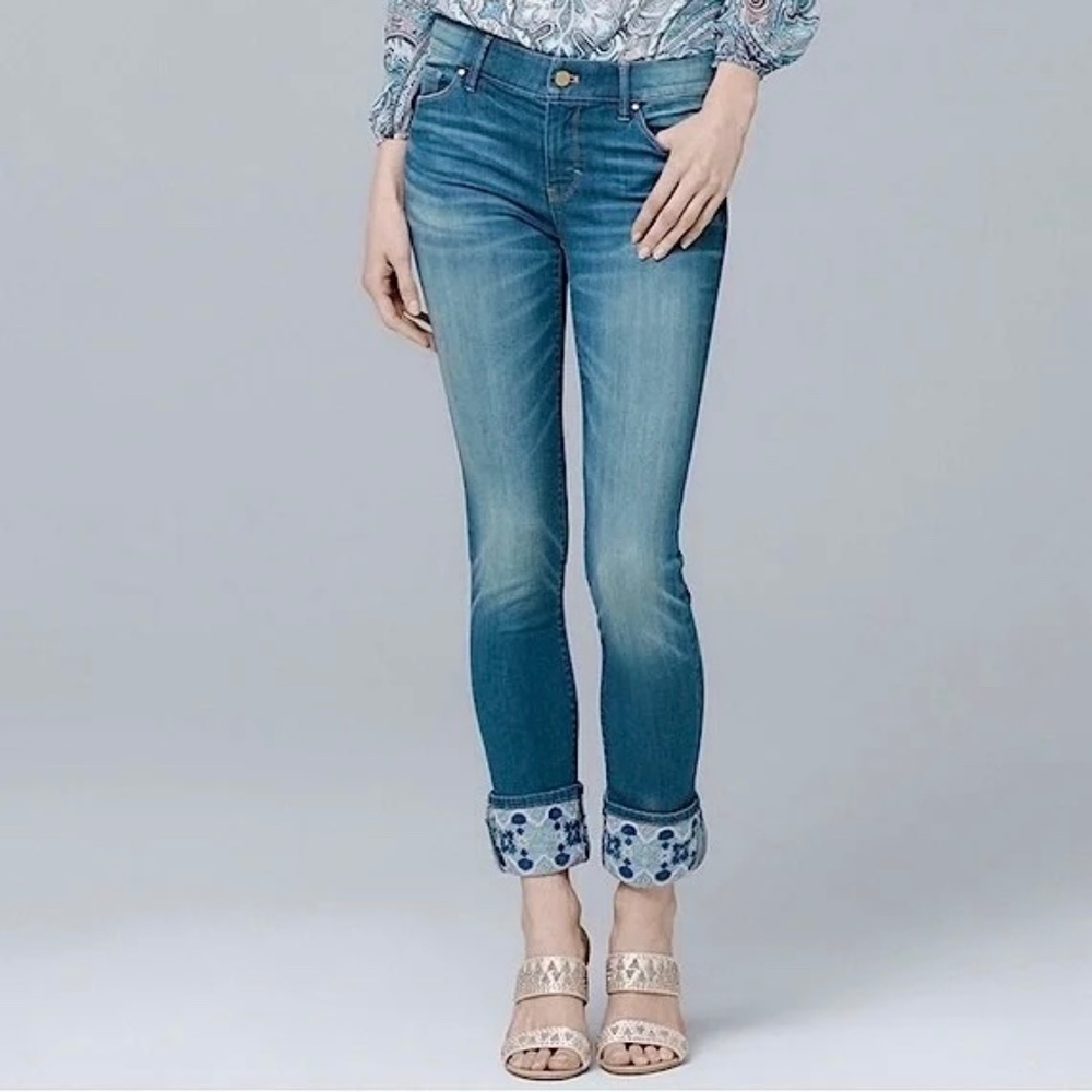 White House Black Market (WHBM) Embroidered Hem The Skinny Crop Jeans Boho